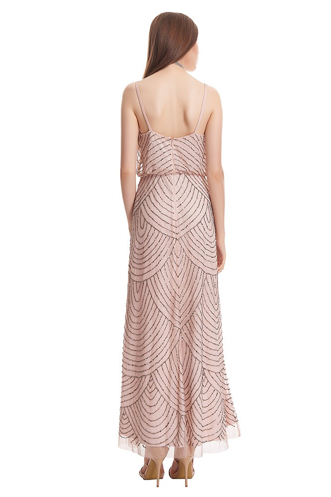 Art Deco Beaded Blouson Gown In Blush