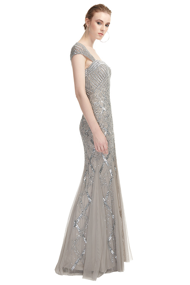 Cap Sleeve Beaded Gown With Envelope Back