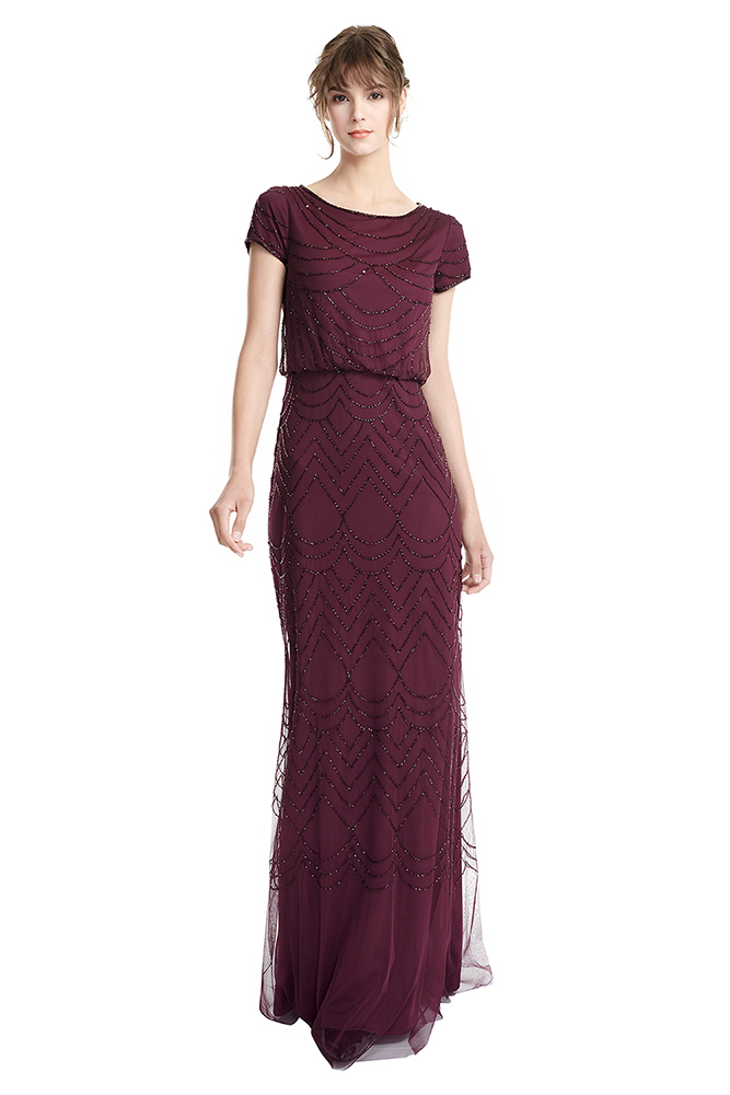 Short Sleeve Beaded Blouson Gown Cassis