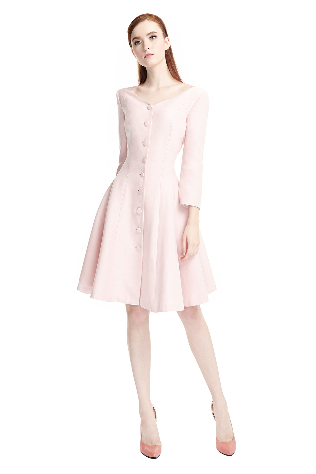 Pink Heart Neck Line Wool Silk Flare Dress